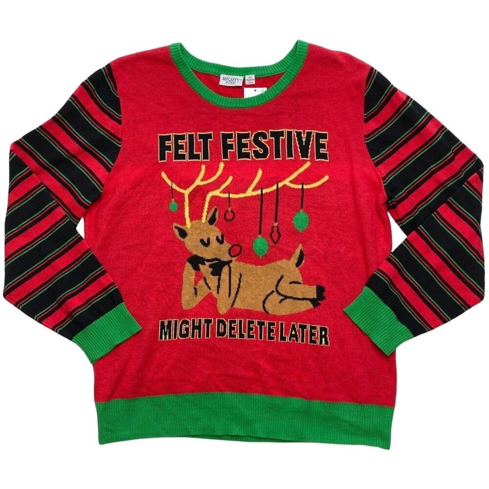Mighty Fine Sweater Womens Red Black Felt Festive Might Delete 2X NEW